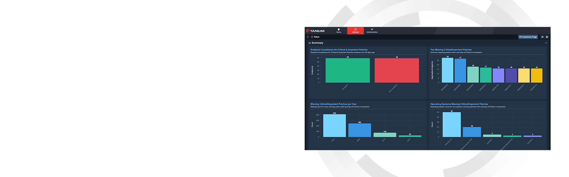 Tanium Patch hero dashboard mockup with patch status visualization