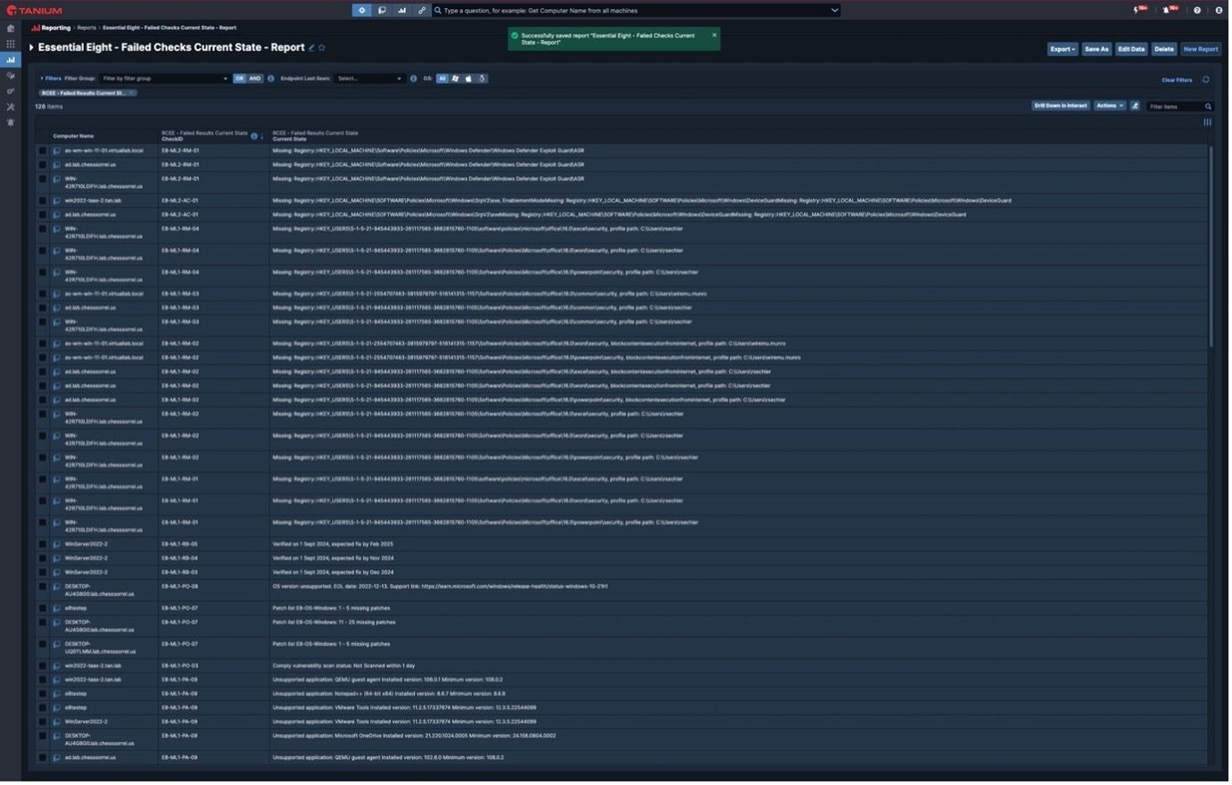 Screenshot of Essential Eight reporting report in Tanium console