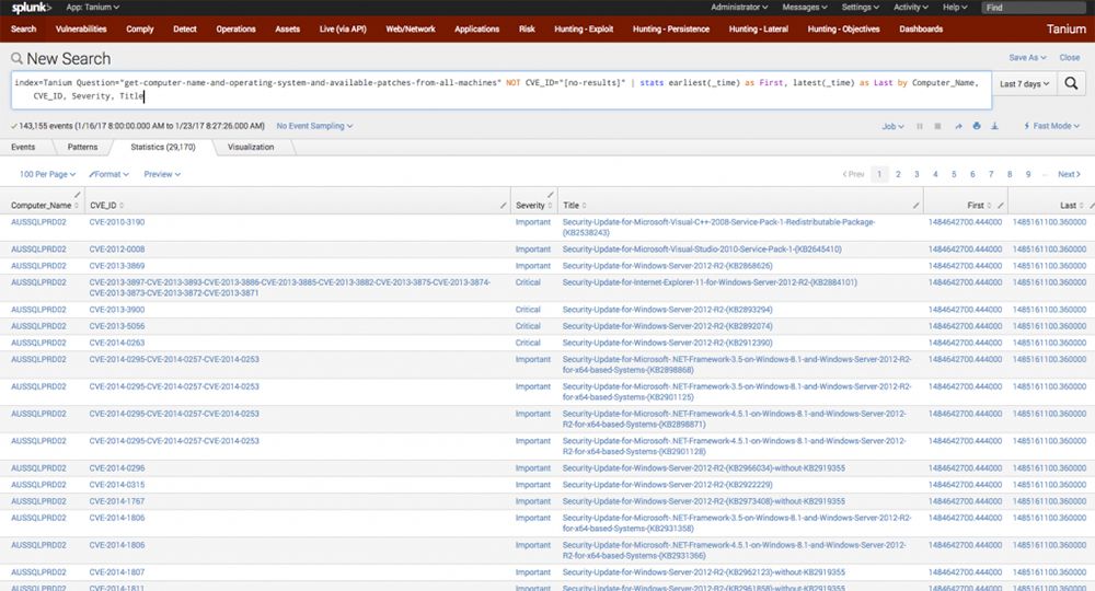 Splunk search results table showing Windows security updates and catalog information