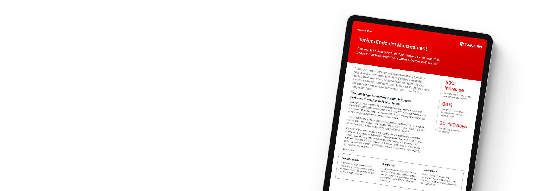 Tablet showing Tanium Endpoint Management solution brief with product overview