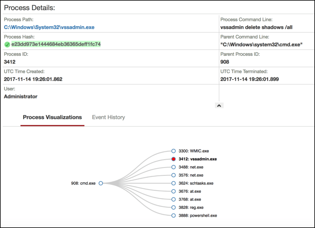 Screenshot of process tree visualization showing parent and child processes spawned by SamSam malware