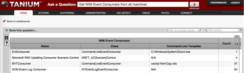 Screenshot of Tanium console querying WMI Event Consumers from machines
