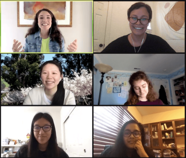 Screenshot of Tanium employee video call grid showing 6 team members in a virtual meeting layout