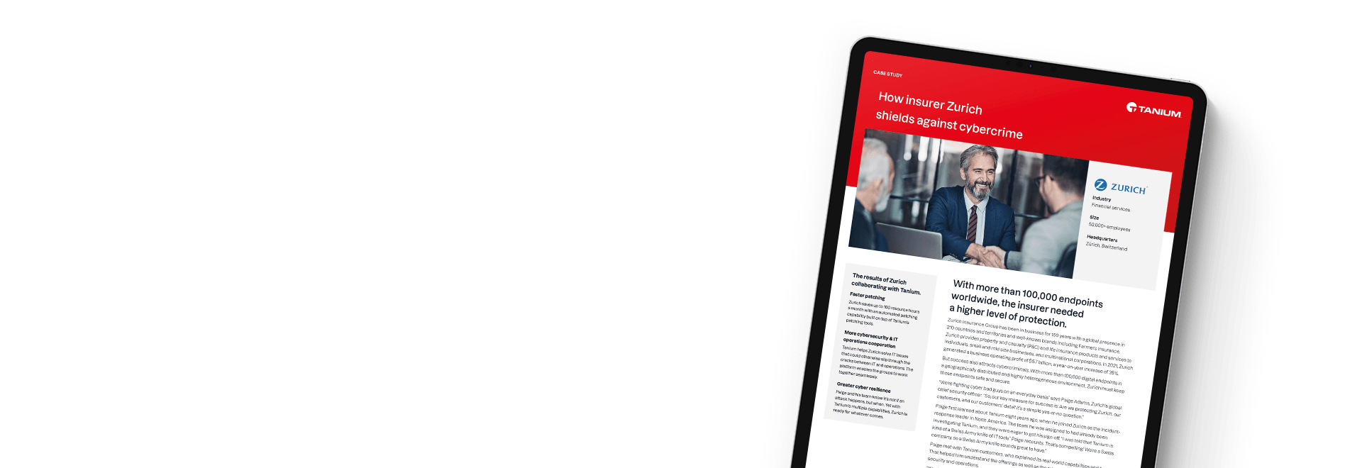 Tablet displaying case study 'How insurer Zurich shields against cybercrime' with business professionals