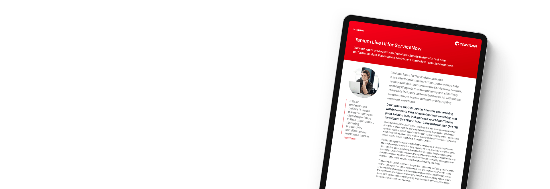 Tablet displaying Tanium Live UI for ServiceNow datasheet with portrait
