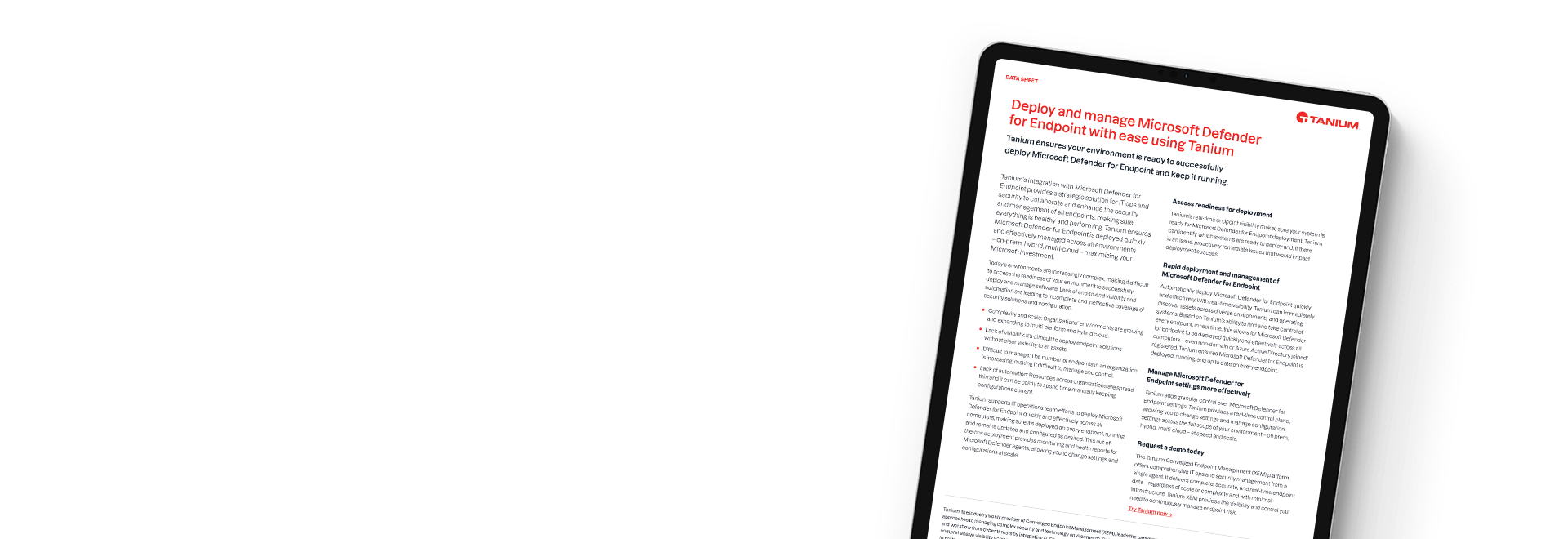 Tablet showing datasheet 'Tanium + Microsoft Defender for Endpoint'