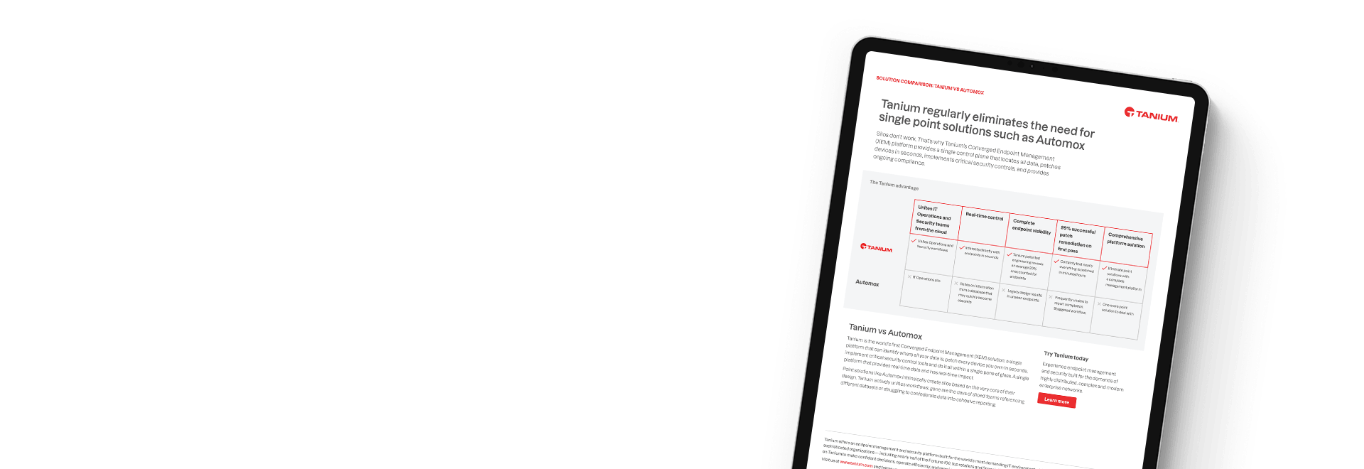 Document preview of "Tanium regularly eliminates the need for single point solutions such as Automox" solution comparison