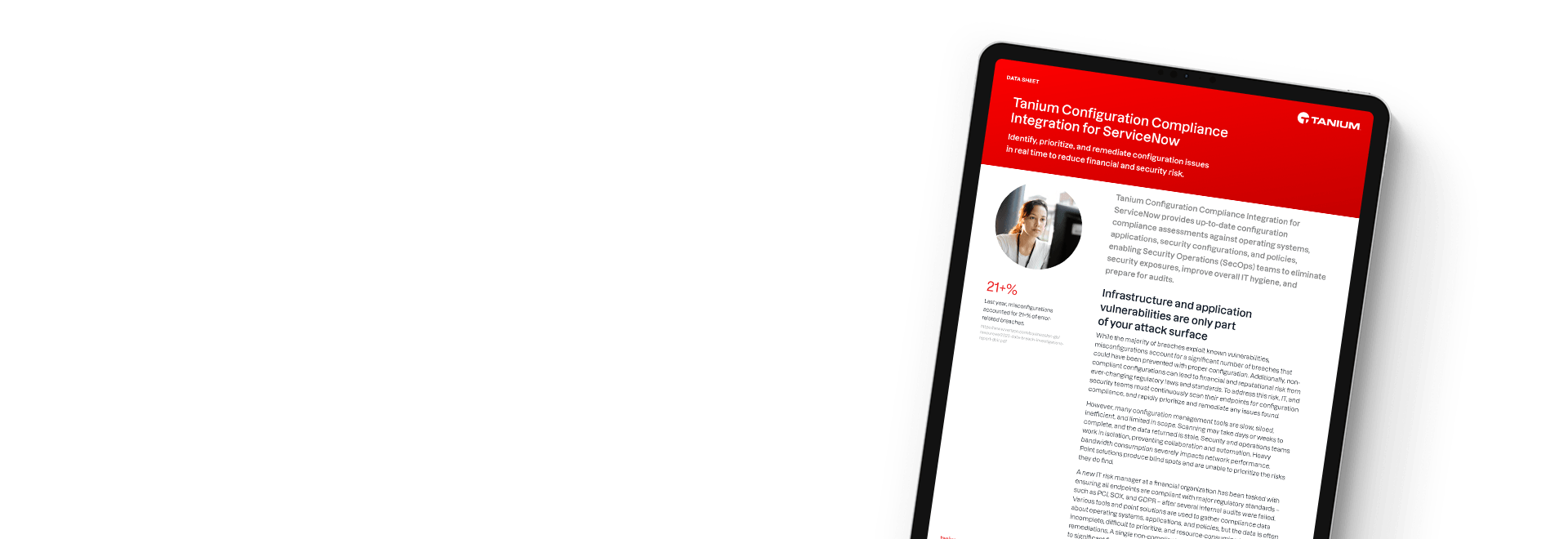 Tablet displaying datasheet 'Tanium Configuration Compliance for ServiceNow' with team photo