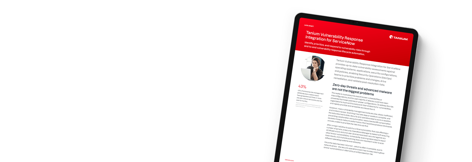 Tablet showing datasheet 'Tanium Vulnerability Response Integration for ServiceNow'