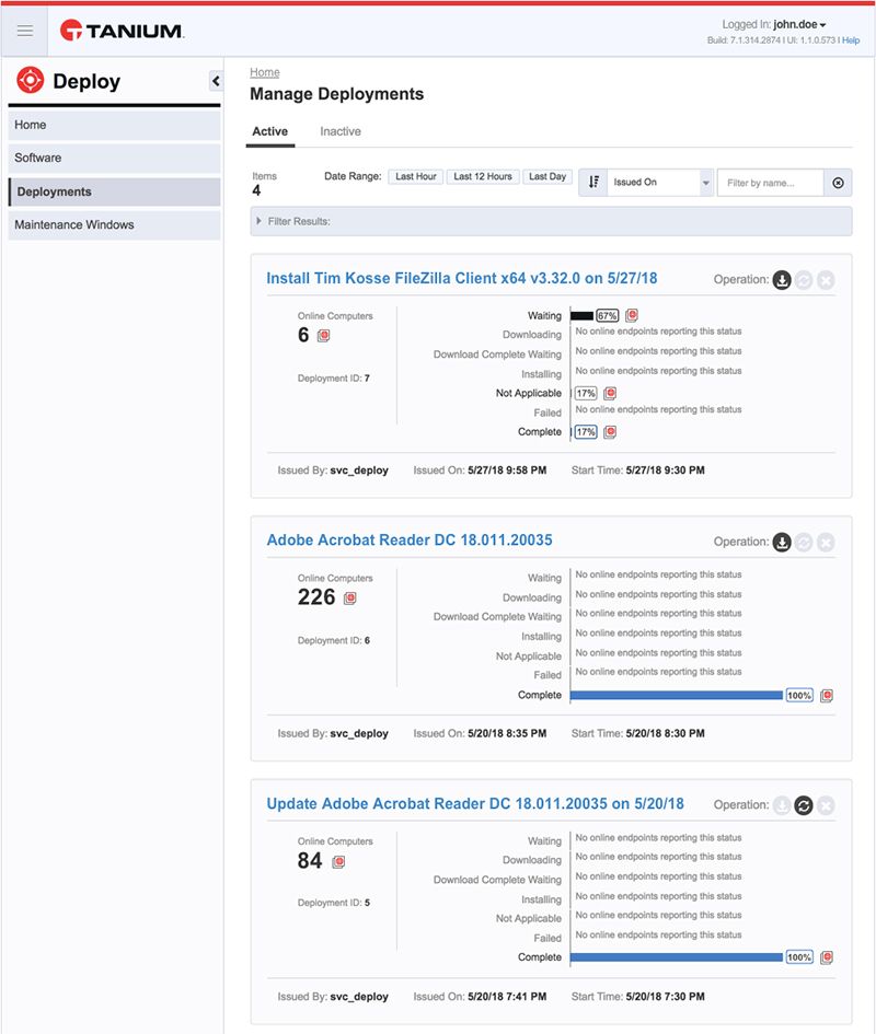 Screenshot of Tanium Manage Deployments page listing active deployments for Tim Kostic FileZilla Client, Adobe Acrobat Reader, and other software