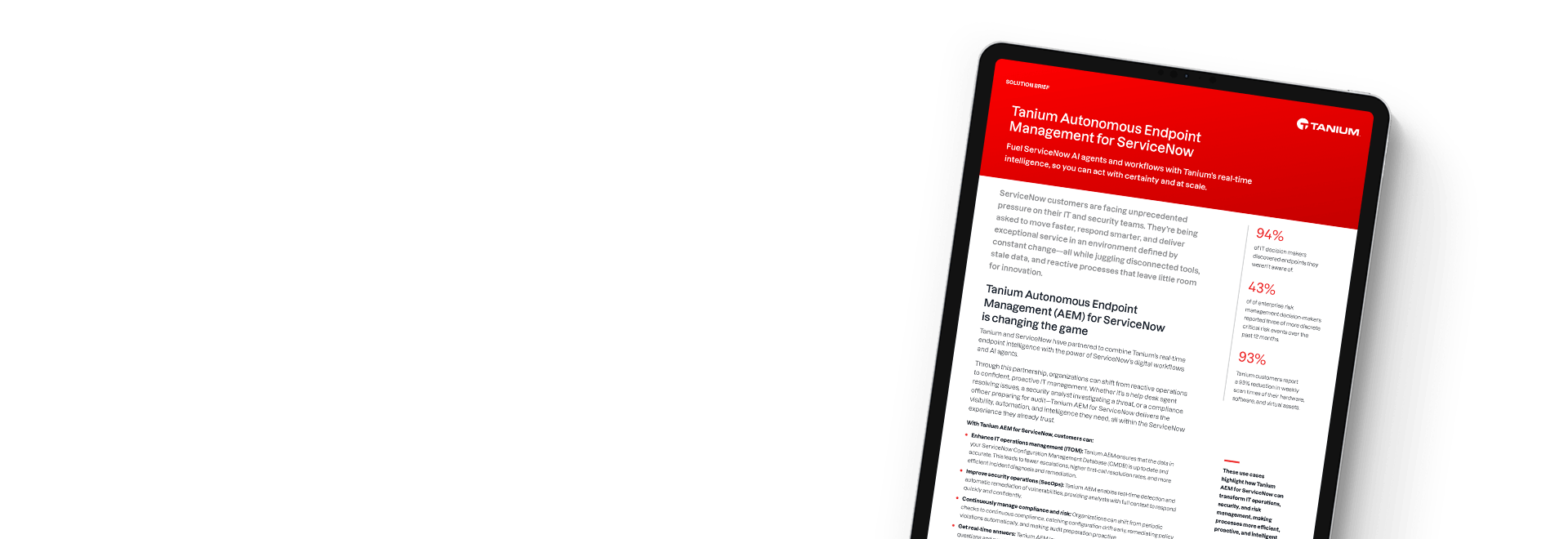 Tablet displaying solution brief 'Tanium + ServiceNow: Better Together'