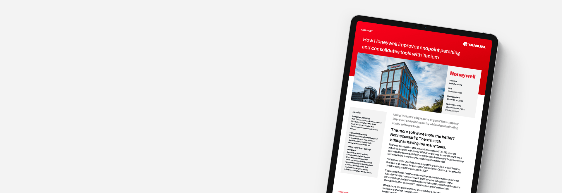 Tablet mockup of "How Honeywell automates server patching with ServiceNow + Tanium" case study with building and Honeywell logo