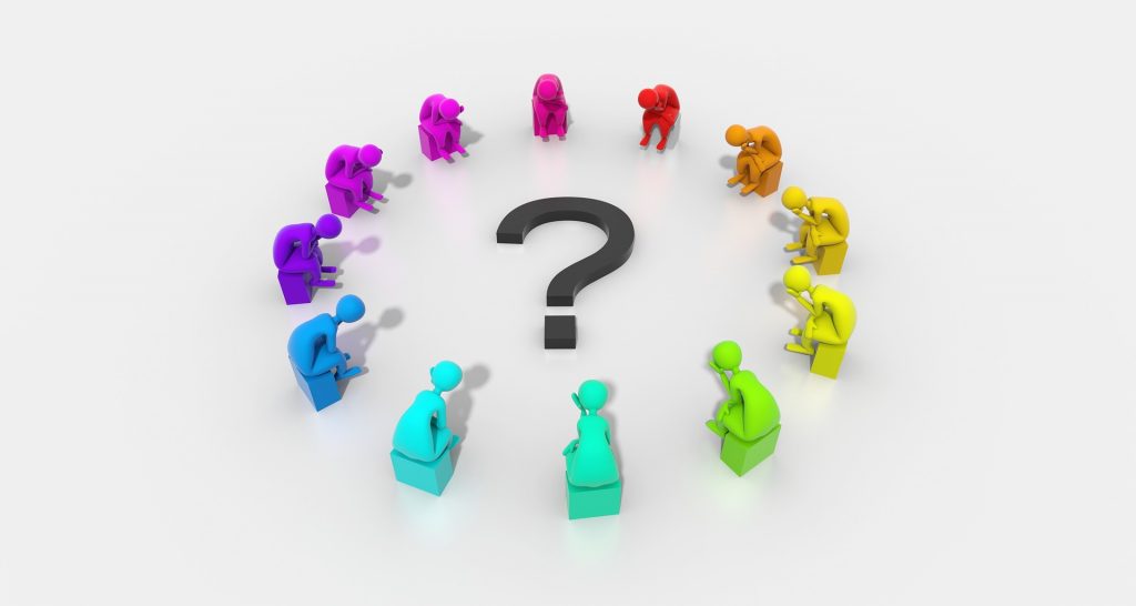 3D illustration of colorful people figures arranged around a large question mark
