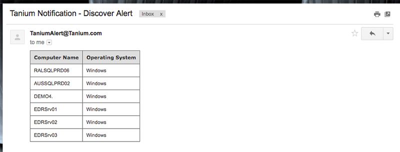 Email notification from Tanium Discover Alert showing Windows computer inventory