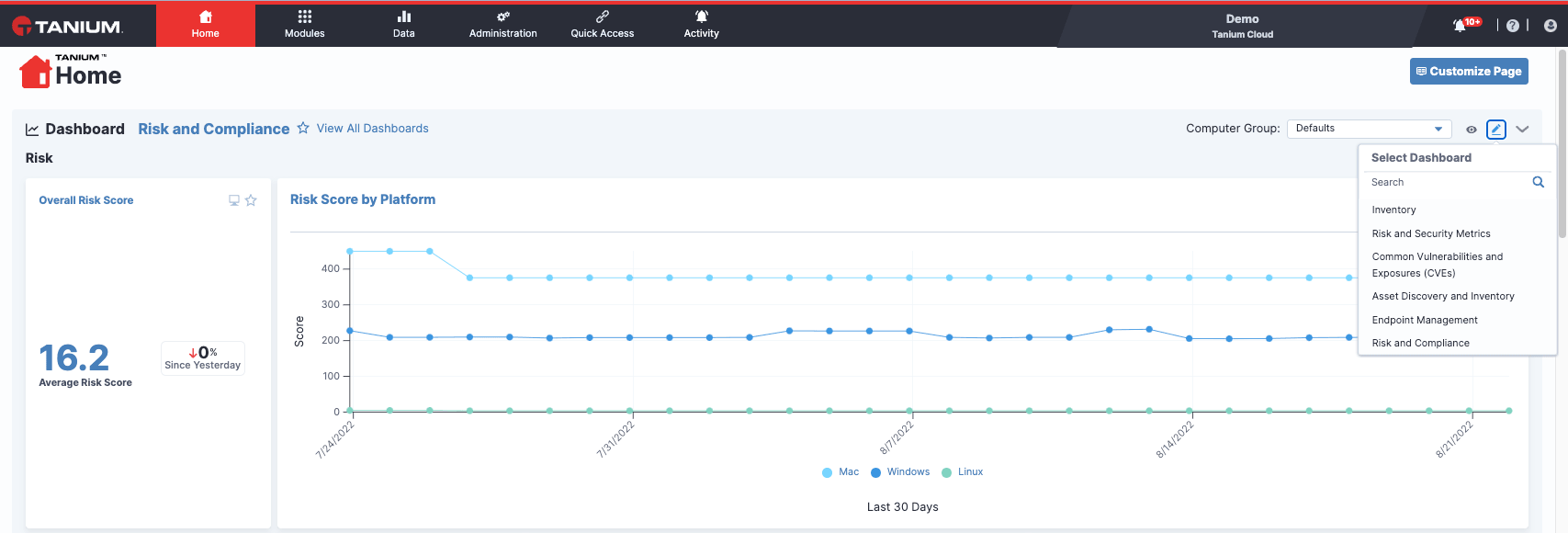 Tanium Console Homepage Screenshot
