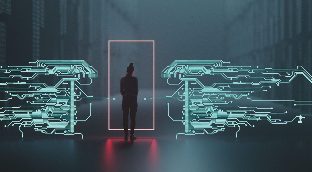 Illustration of person standing in doorway with circuit board pathways