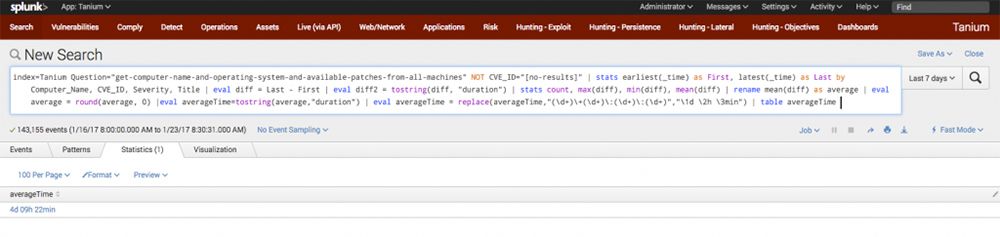 Splunk interface showing search query for security update aggregation