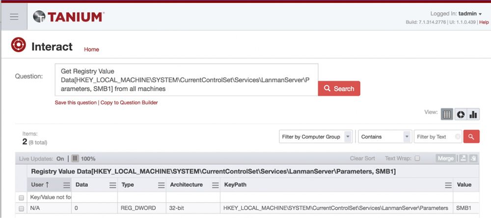 Tanium Interact query showing Windows Registry SMB1 setting deployed across machines