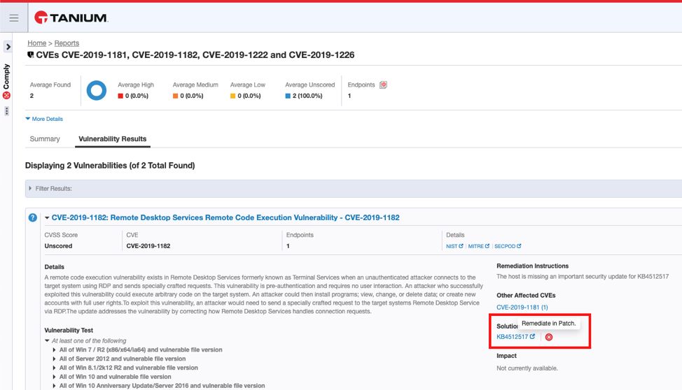 Screenshot of Tanium Comply vulnerability results showing CVE information