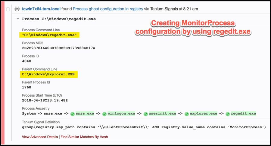 Tanium Signals alert for process ghost configuration via regedit