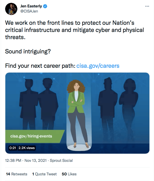 Screenshot of tweet from Jen Easterly about protecting critical infrastructure
