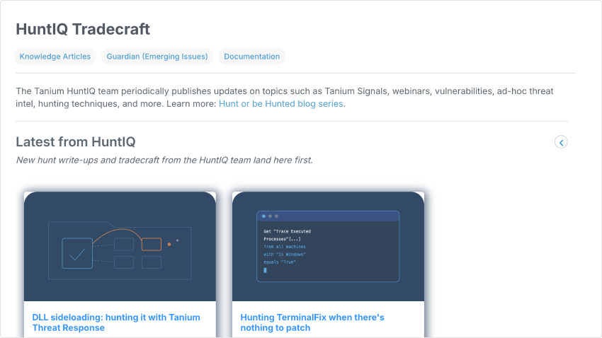 HuntIQ Tradecraft 허브에서는 DLL 사이드로딩 및 TerminalFix를 포함한 HuntIQ 피드의 최신 사냥 관련 게시물을 확인할 수 있습니다.