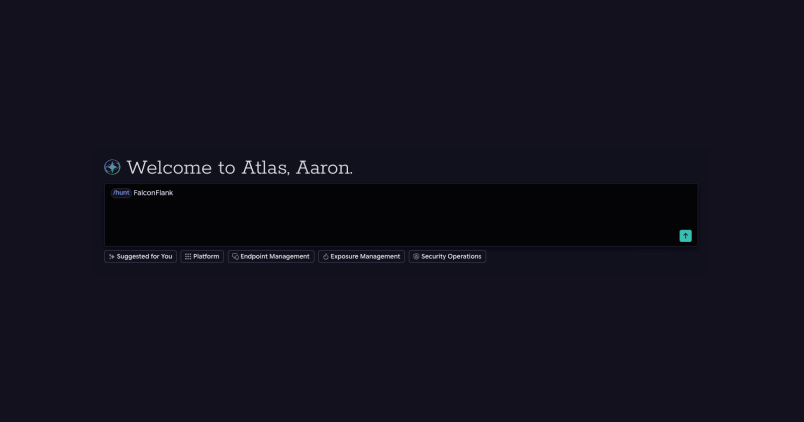 슬래시 헌트(slash-hunt) FalconFlank 명령이 입력된 Tanium Atlas 프롬프트 바