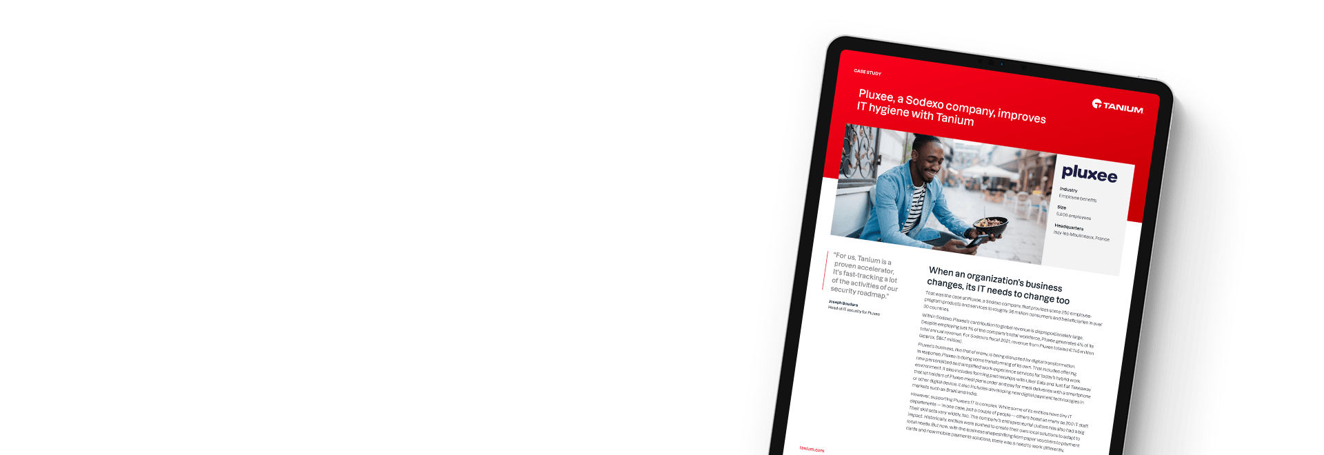 Tablet showing Pluxee case study on IT hygiene with Tanium