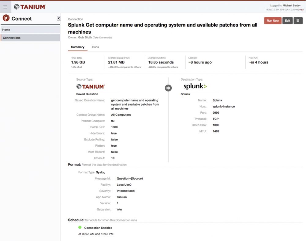 Tanium Connect integration dashboard showing Splunk connection with computer inventory query results