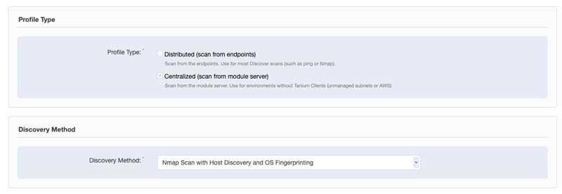 Screenshot of Tanium Discover Profile Type and Discovery Method configuration showing distributed scanning option and Nmap discovery setup