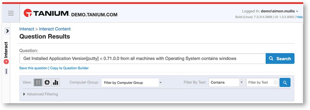 Screenshot of Tanium Interact Question Results showing installed application versions filtered by operating system and text search