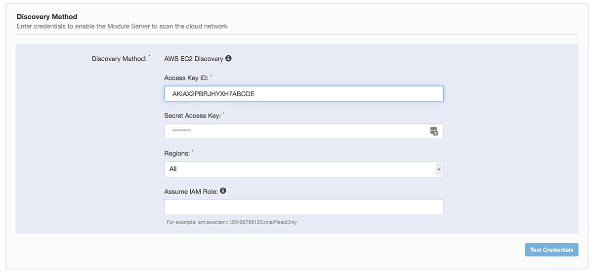 Screenshot of Tanium Discover Discovery Method configuration form with AWS EC2 Discovery settings and access key fields