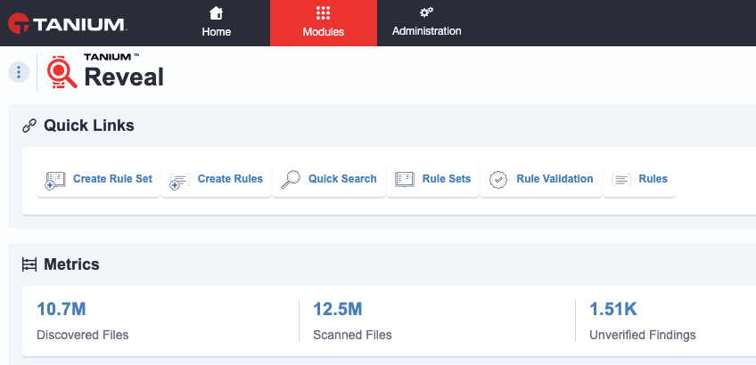 Screenshot of Tanium Reveal module showing quick links and metrics with 10.7M discovered files, 12.5M scanned files, and 1.51K unverified findings