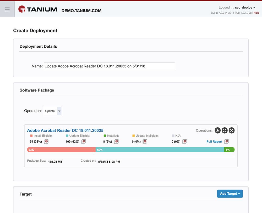 Tanium Deploy deployment creation interface for Adobe Acrobat Reader update showing eligibility and installation progress