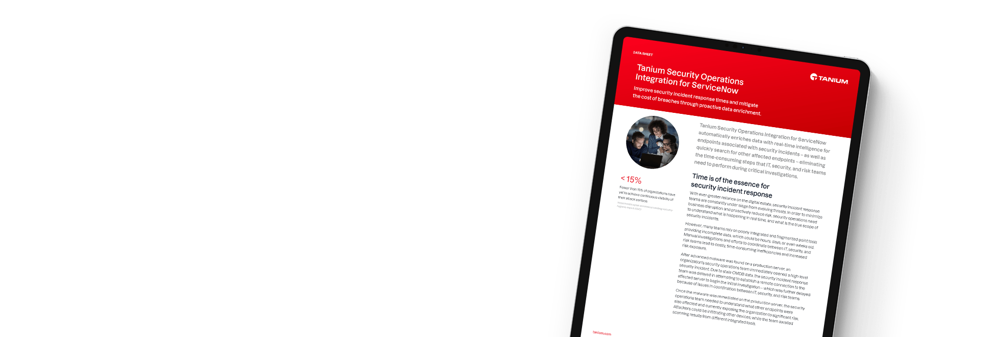 Tablet displaying datasheet 'Tanium Security Operations Integration for ServiceNow'