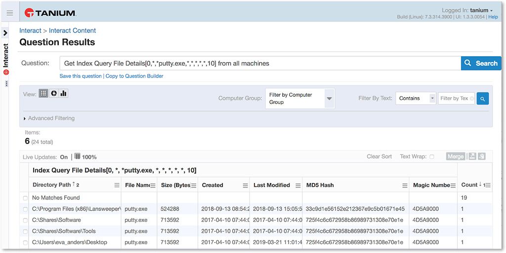 Screenshot of Tanium Index Query showing file details with file path, creation date, MDS hash, and magic number information