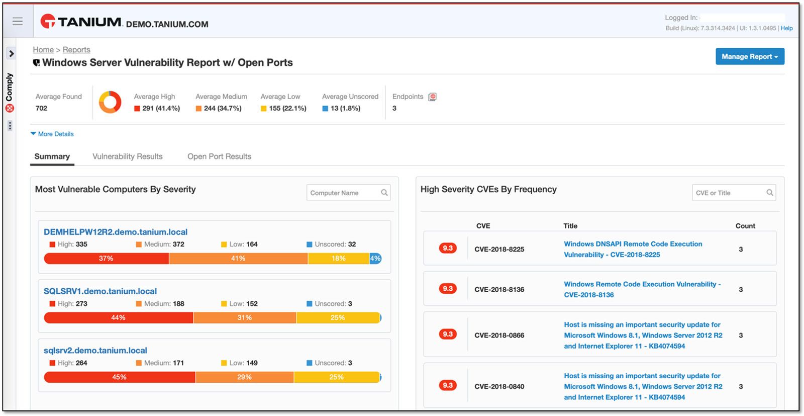 Screenshot of Windows Server vulnerability report with severity analysis