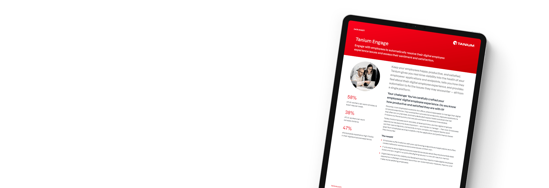 Tablet showing Tanium Engage datasheet with portrait