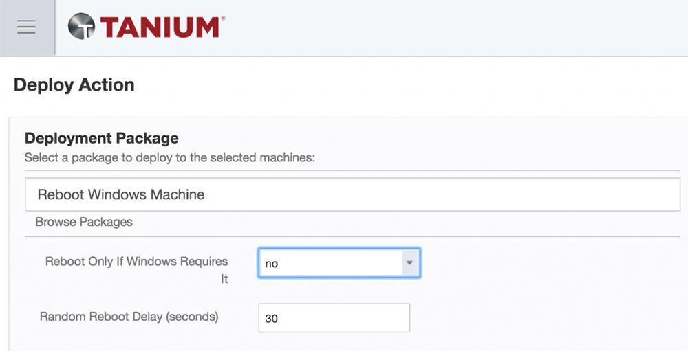 Tanium deployment form for rebooting Windows machines after security updates