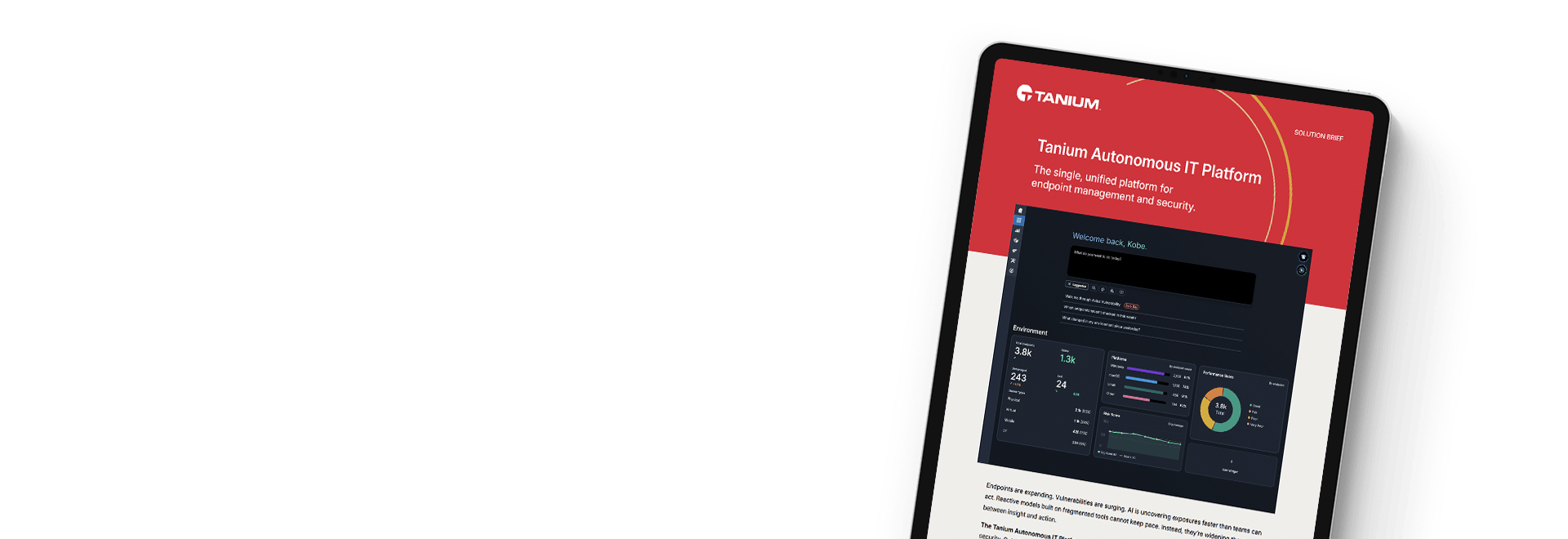 Tablet mockup showing Tanium Autonomous IT Platform solution brief with UI dashboard preview