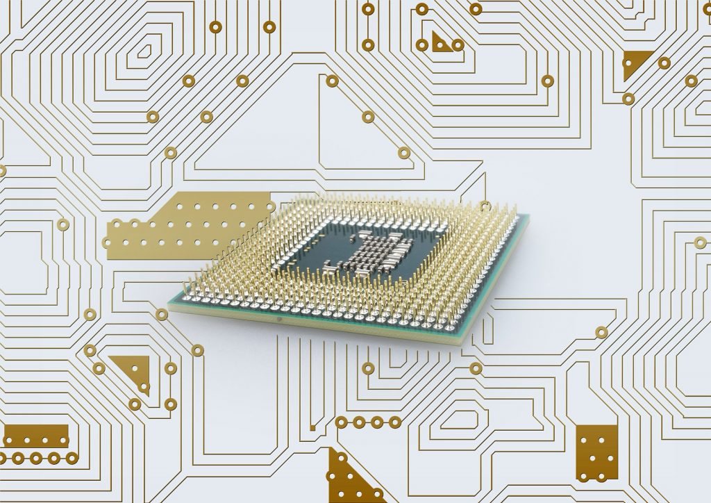 3D illustration of a microprocessor mounted on a circuit board with connected pins