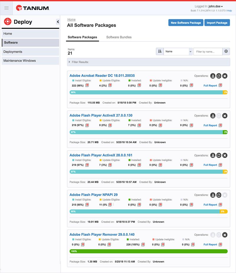 Screenshot of Tanium Deploy software list page showing 21 installed packages including Adobe and Flash Player