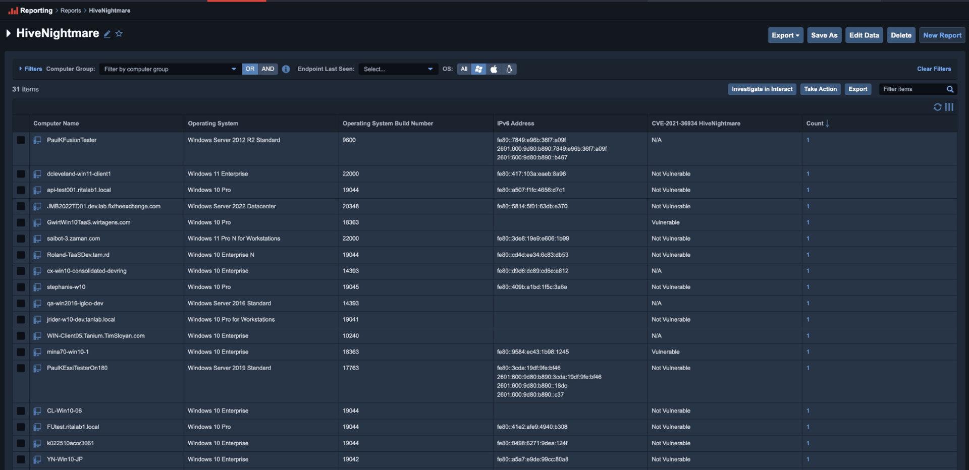 Screenshot of Tanium Reporting showing vulnerability trends