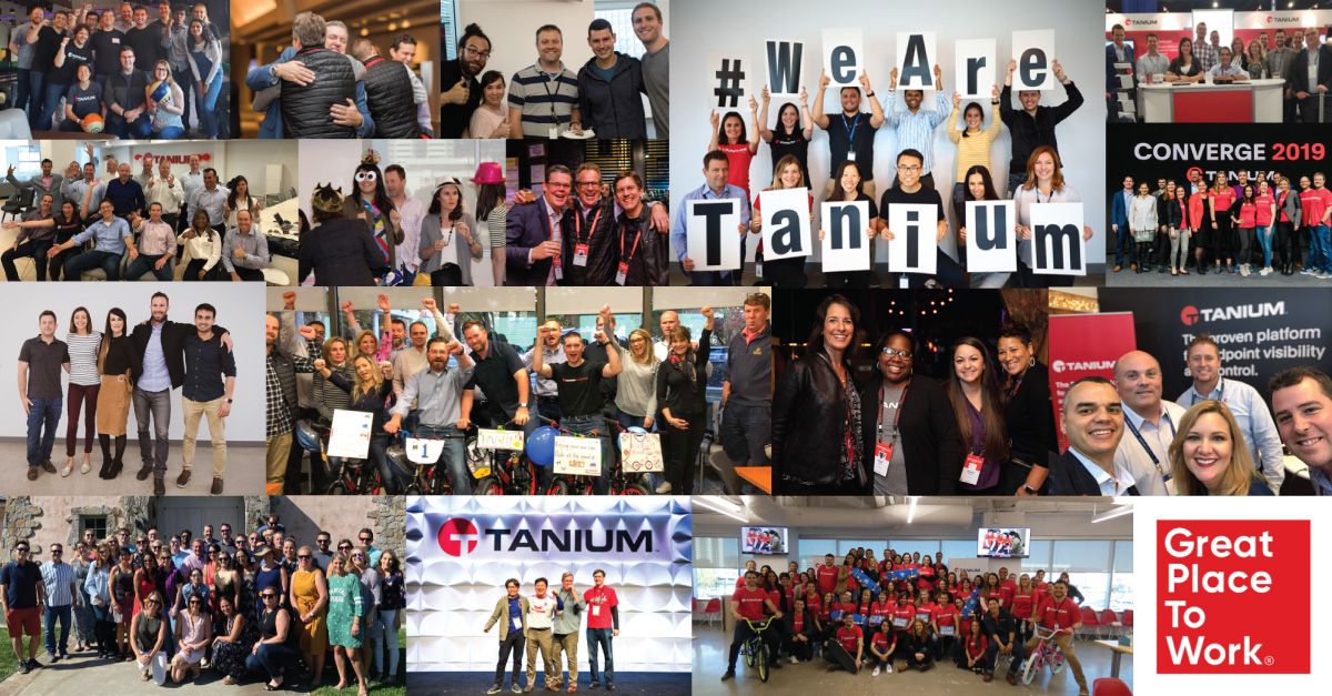Collage of Tanium employees and company branding including CONVERGE 2019 event logo and Great Place to Work award