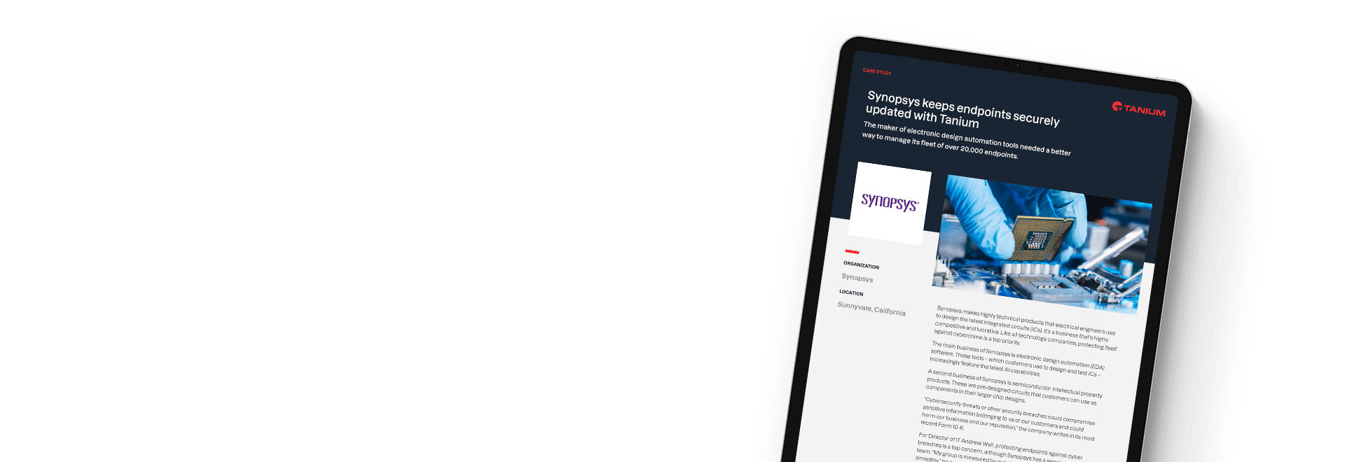 Synopsys case study document for securing endpoints with Tanium displayed on tablet