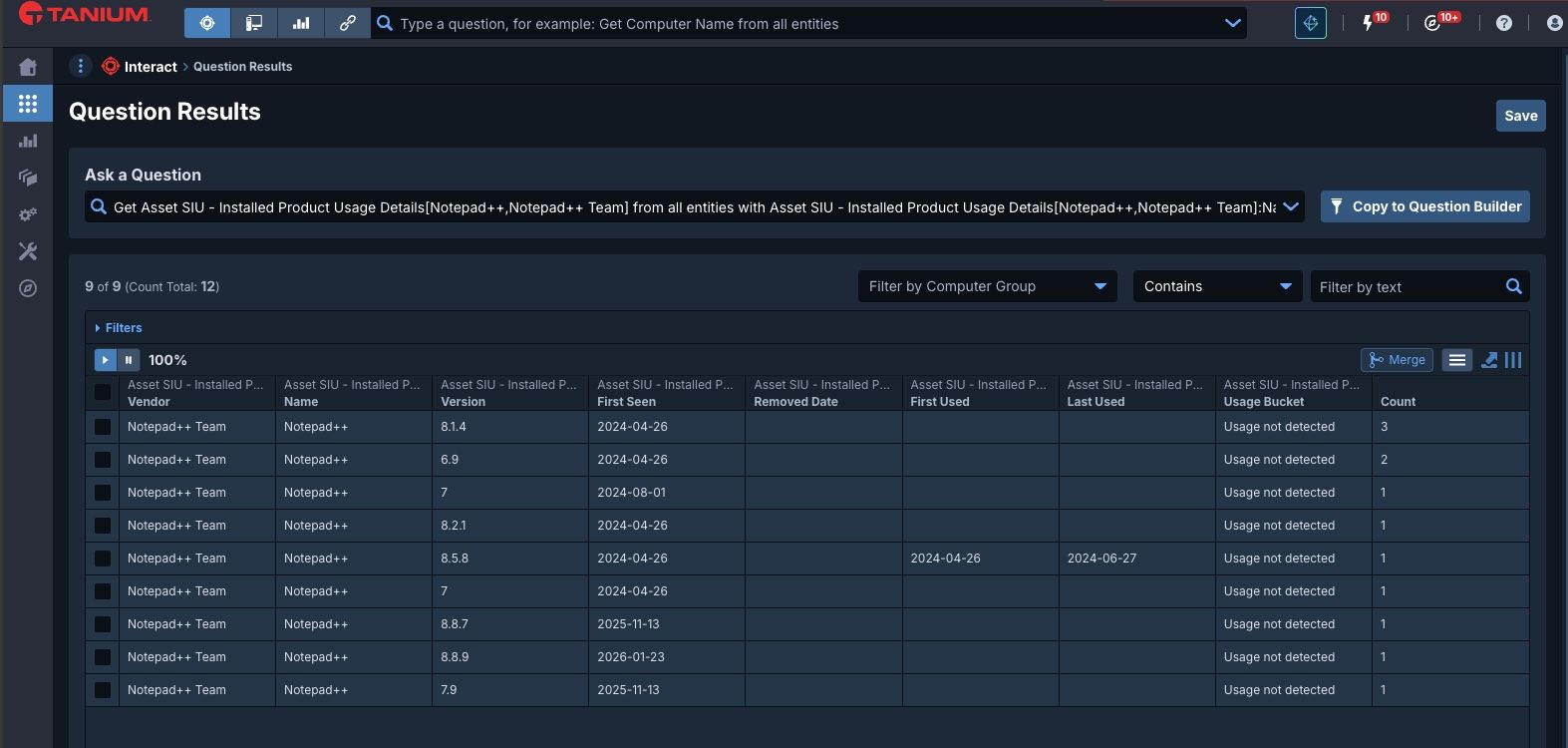 Screenshot of Tanium Question showing information of Notepad++ useage in an environment.