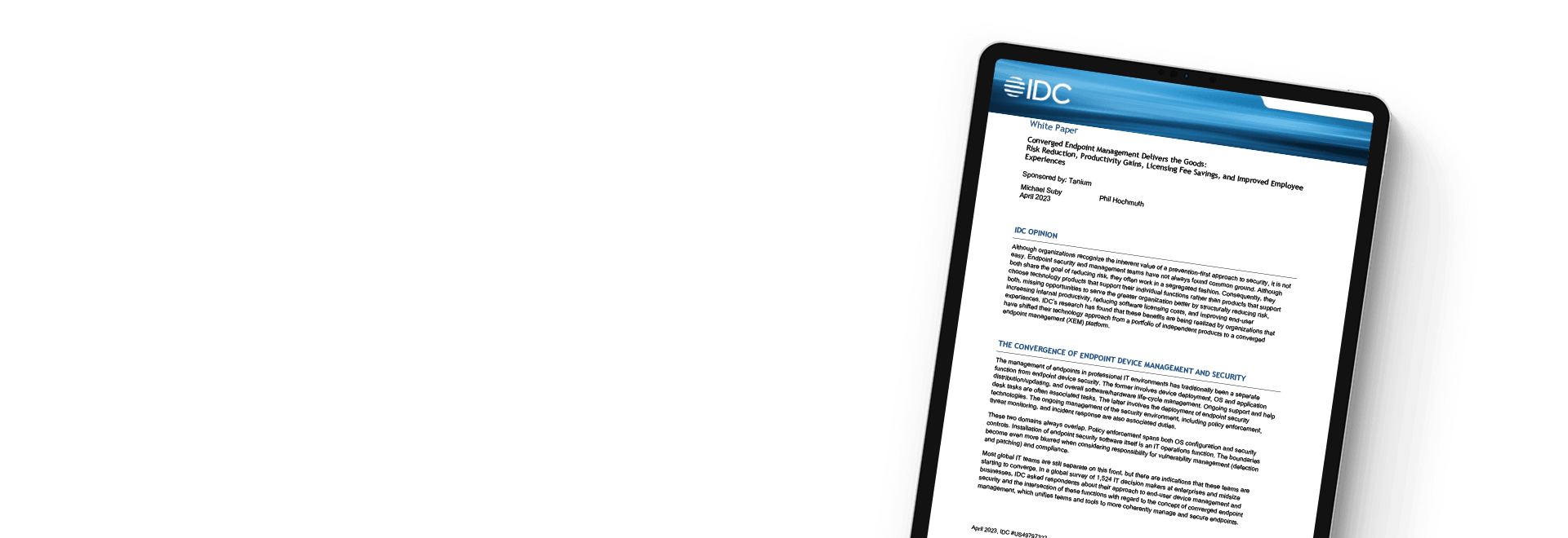 Tablet showing IDC whitepaper 'Converged Endpoint Management Delivers the Goods'