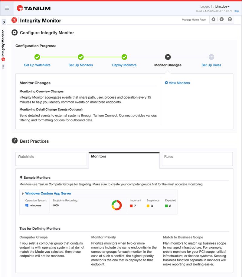 Screenshot of Tanium Integrity Monitor configuration progress page showing setup steps for watchlists and monitors