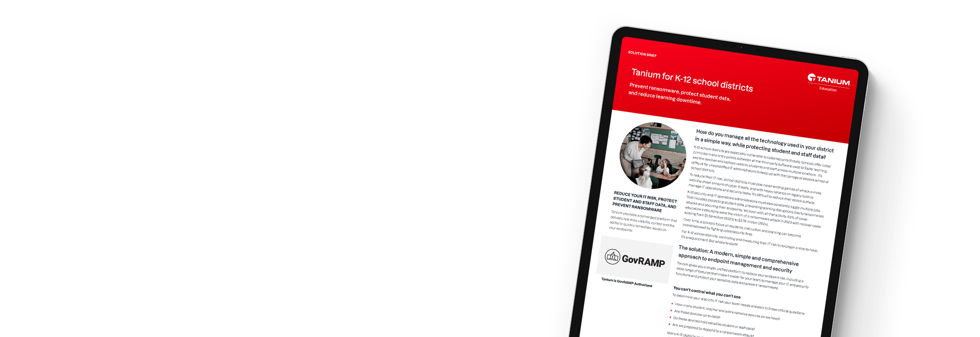 Tablet mockup of "Tanium for K-12 school districts" solution brief with classroom imagery
