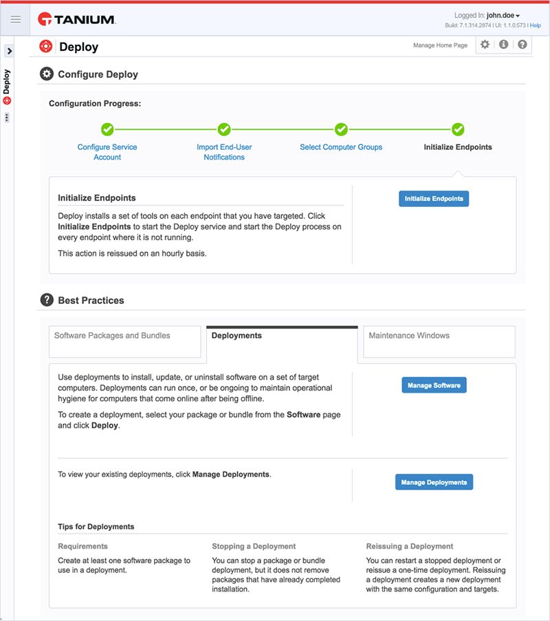 Screenshot of Tanium Deploy configuration progress showing initialize endpoints step with best practices for software management